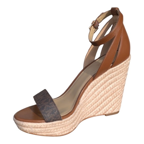Michael Kors Shoes - Michael Kors Tan Leather Ankle-Strap Wedge Sandals with Logo Toe Band
